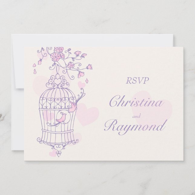 Invitation Mariage en cage ouverte aux oiseaux violets et ros (Devant)
