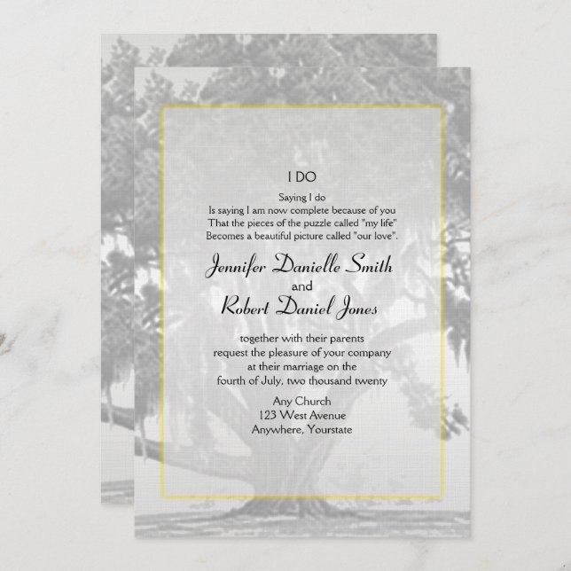 Invitation Mariage en chêne gris-jaune (Devant / Derrière)