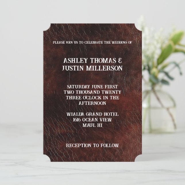 Invitation Mariage en cuir Faux Brown foncé (Debout devant)