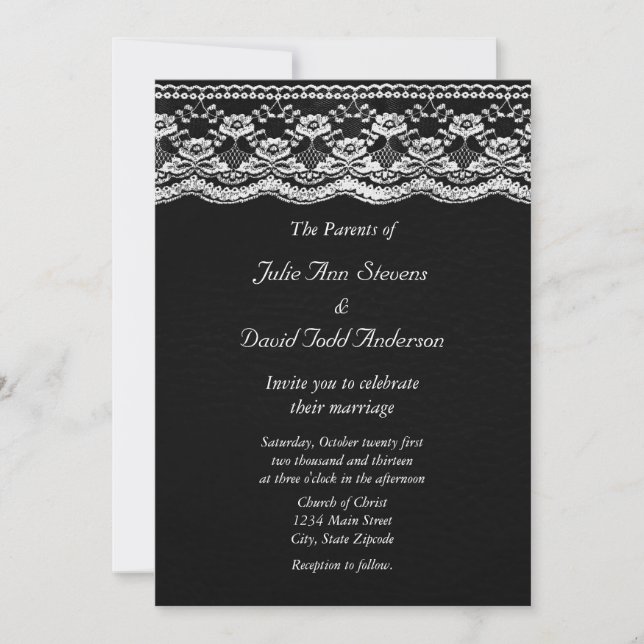 Invitation Mariage en cuir noir et blanc et dentelle (Devant)