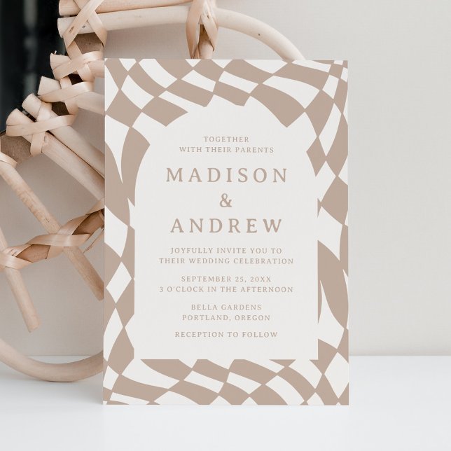 Invitation Mariage en damier beige rétro (Créateur téléchargé)
