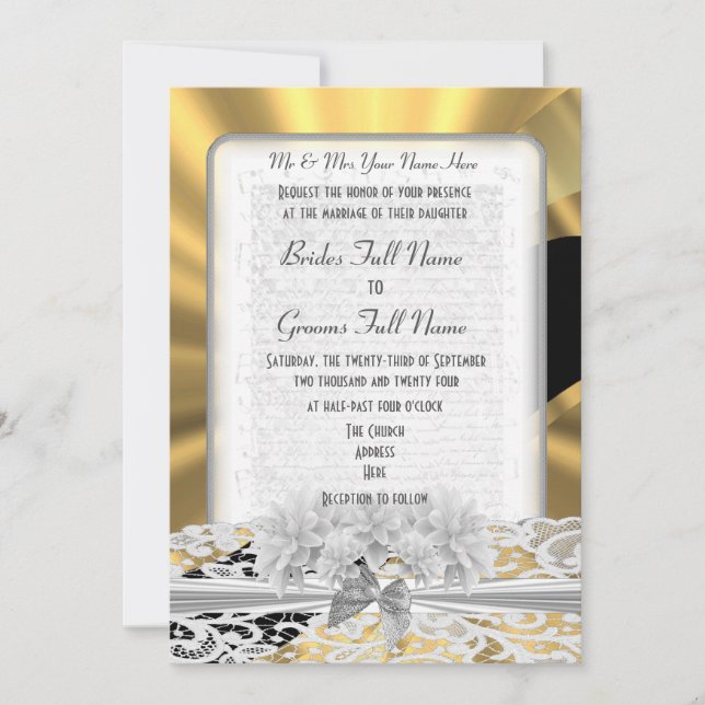 Invitation Mariage en dentelle blanche élégante en or (Devant)