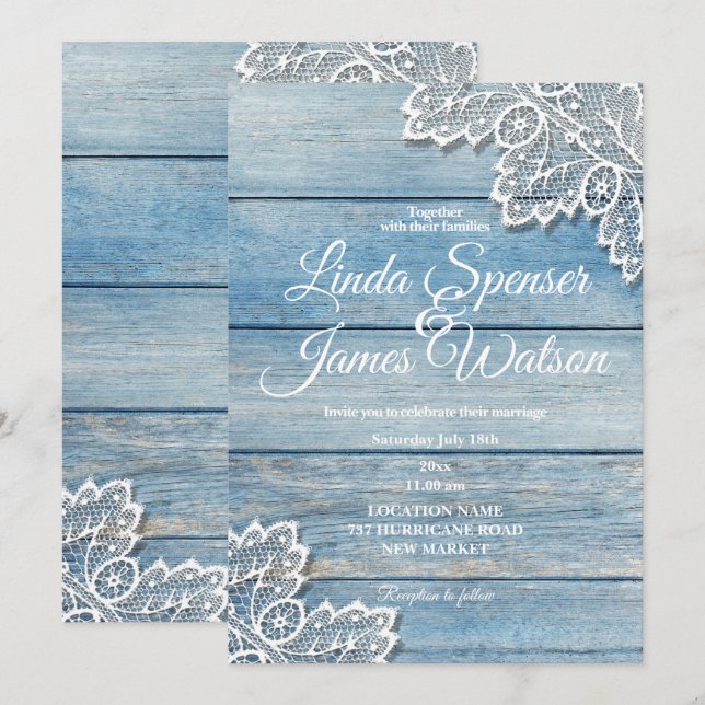 Invitation Mariage en dentelle blanche et en bois bleu pastel (Devant / Derrière)
