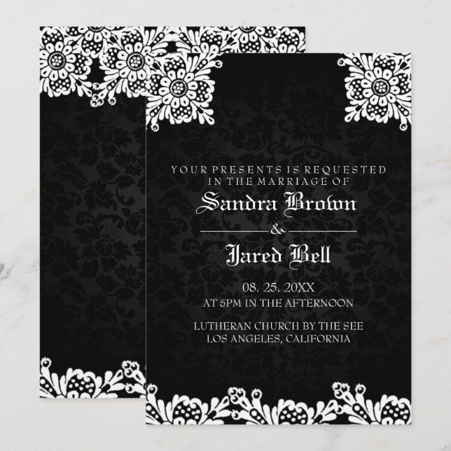 Invitation Mariage en dentelle blanche noire Damask (Devant / Derrière)