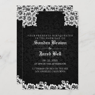 Invitation Mariage en dentelle blanche noire Damask