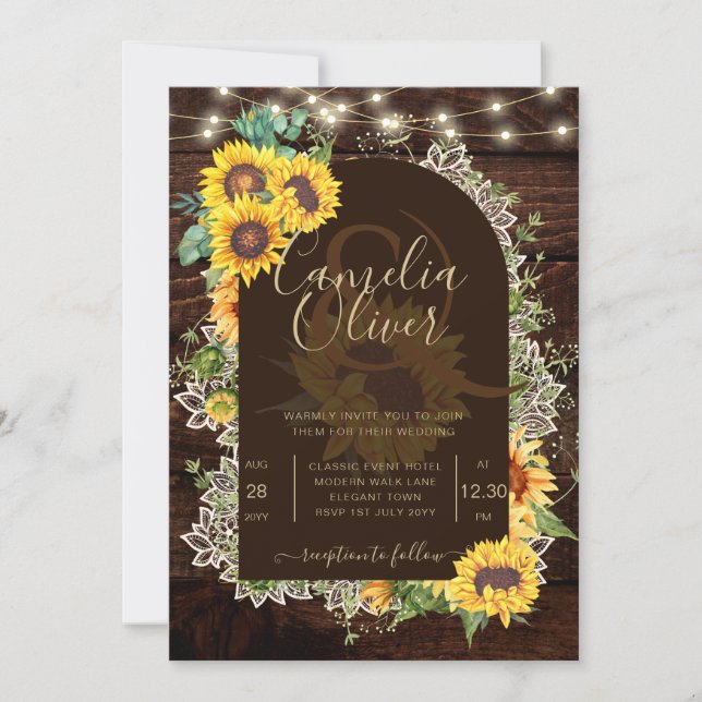 Invitation Mariage en dentelle de tournesol rustique (Devant)