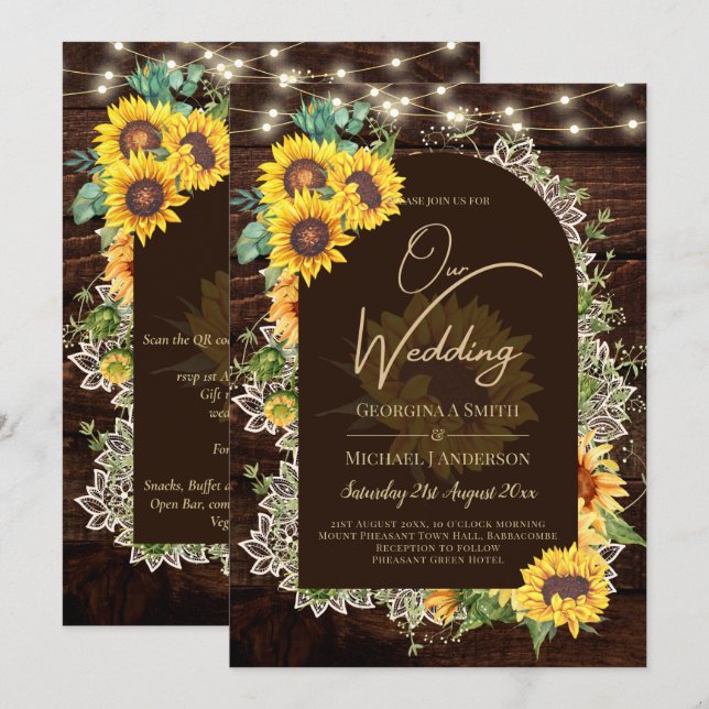 Invitation Mariage en dentelle de tournesol rustique (Devant / Derrière)