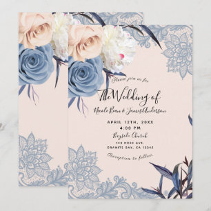 Invitation Mariage en dentelle florale bleu poussiéreux et pê