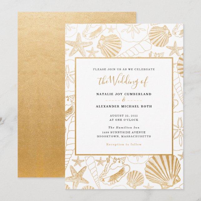 Invitation Mariage en écaille d'or Faux, thème plage (Devant / Derrière)