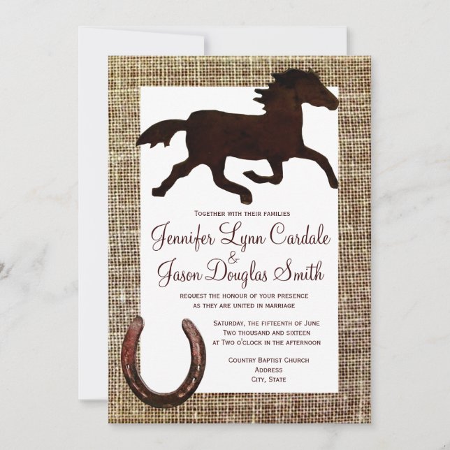 Invitation Mariage en fer à cheval de toile de jute de cheval (Devant)