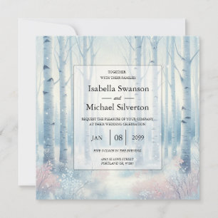 Invitation Mariage en forêt de bouleaux bleus givrés