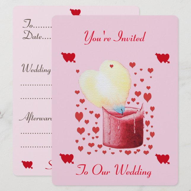 Invitation mariage en forme de coeur flamme rose et rouge (Devant / Derrière)