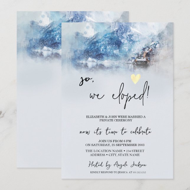 Invitation Mariage en fuite au lac de montagne en hiver   (Devant / Derrière)