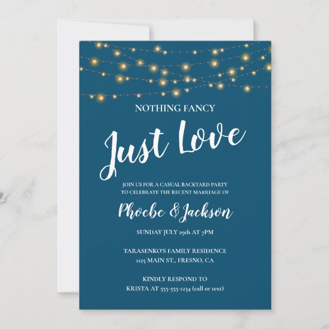 Invitation Mariage en fuite avec guirlandes lumineuses bleues (Devant)
