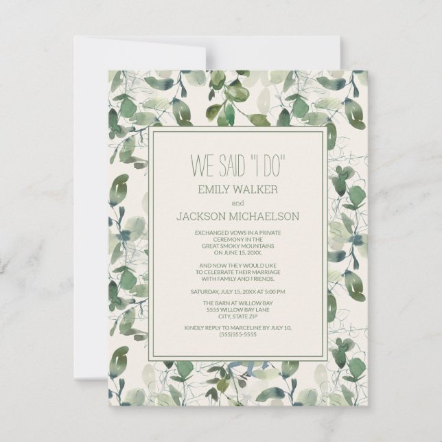 Invitation Mariage en fuite de feuilles d'eucalyptus vert sau (Devant)