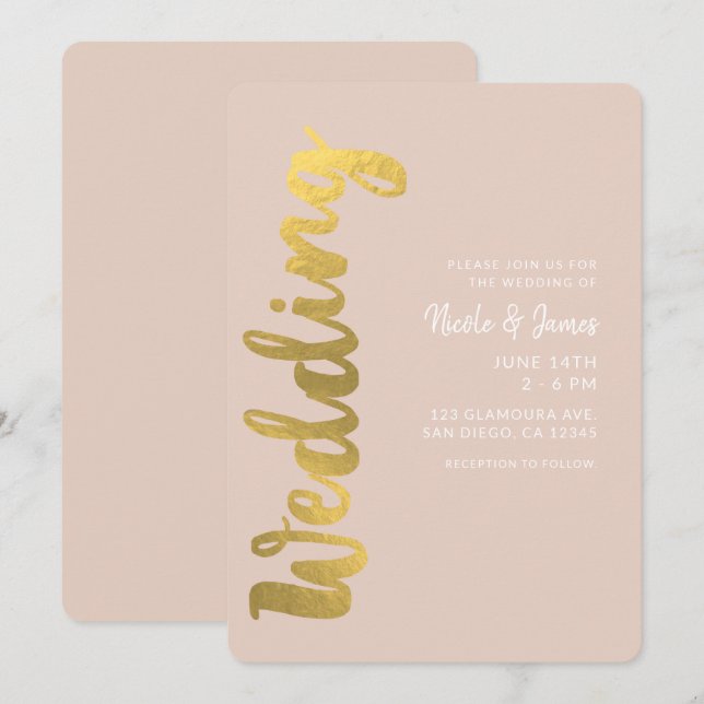 Invitation Mariage en glamme beige Faux or brillant moderne (Devant / Derrière)