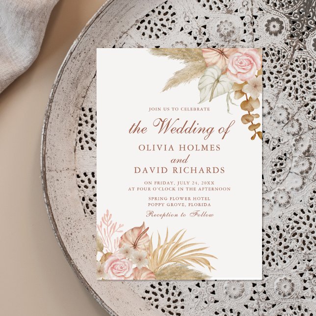 Invitation Mariage en herbe moderne Boho Floral Pampas (Modern Boho Floral Pampas Grass Wedding Invitation on beautiful neutral boho plate.)