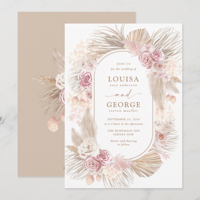 Invitation Mariage en laiton flou tropical Boho Pampas (Devant / Derrière)