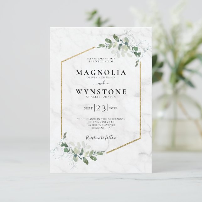 Invitation Mariage en marbre à cadre or Eucalyptus (Debout devant)