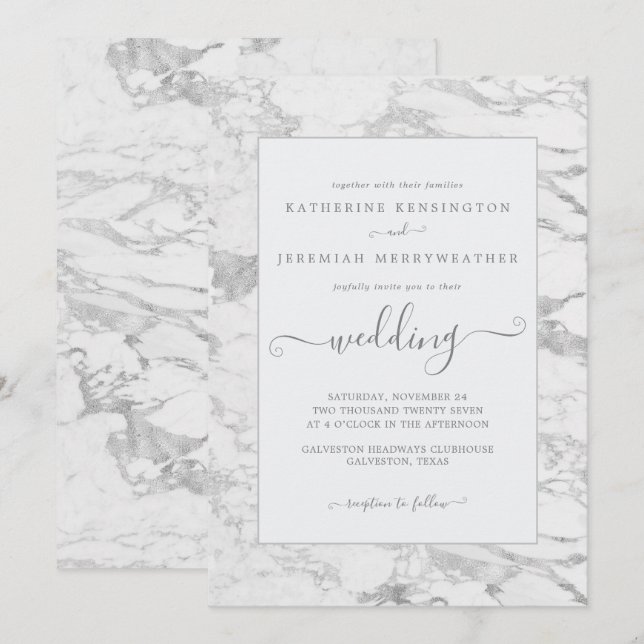 Invitation Mariage en marbre argenté de luxe (Devant / Derrière)
