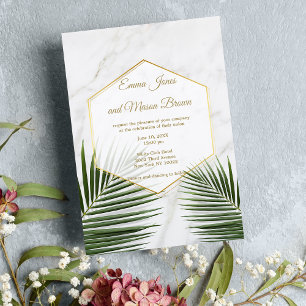 Invitation Mariage en marbre blanc tropical vert palmier