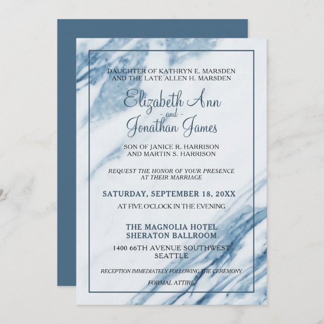 Invitation Mariage en marbre bleu clair et élégant (Devant / Derrière)