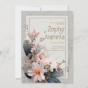 Invitation Mariage en marbre cerise en fleurs