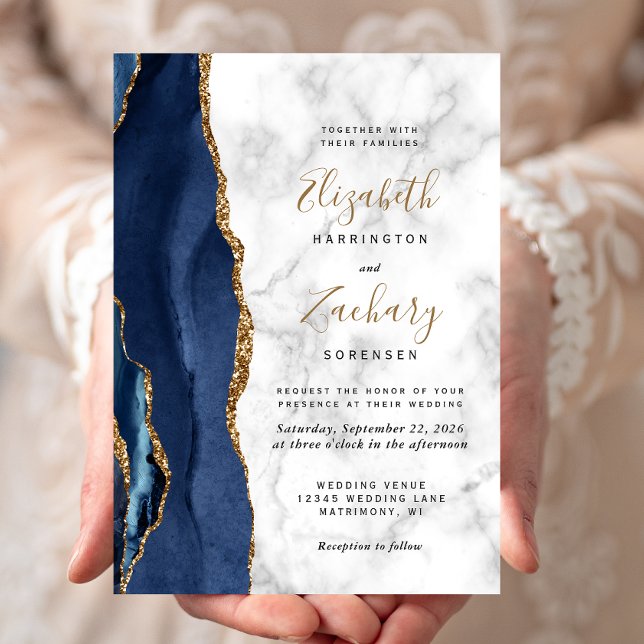 Invitation Mariage en marbre d'Agate bleu marine moderne (Créateur téléchargé)