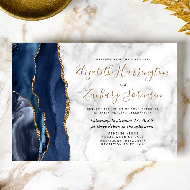 Invitation Mariage en marbre d'Agate bleu marine moderne (Créateur téléchargé)