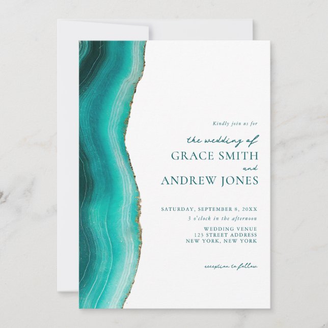 Invitation Mariage en marbre d'Agate en pierre Turquoise (Devant)