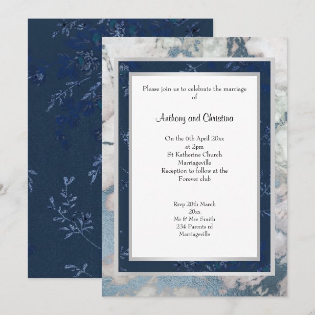 INVITATION MARIAGE EN MARBRE D'ARGENT BLEU LAYE NAVY (Devant / Derrière)