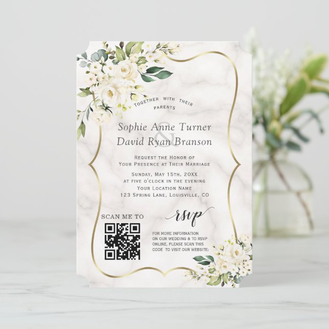 Invitation Mariage en marbre doré QR Elegant Fleurs blanches (Debout devant)