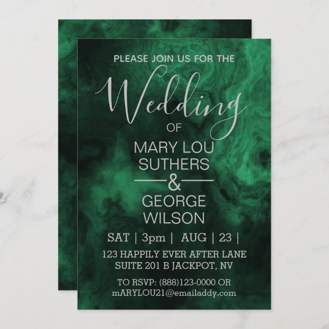 Invitation Mariage en marbre fumé vert foncé (Devant / Derrière)