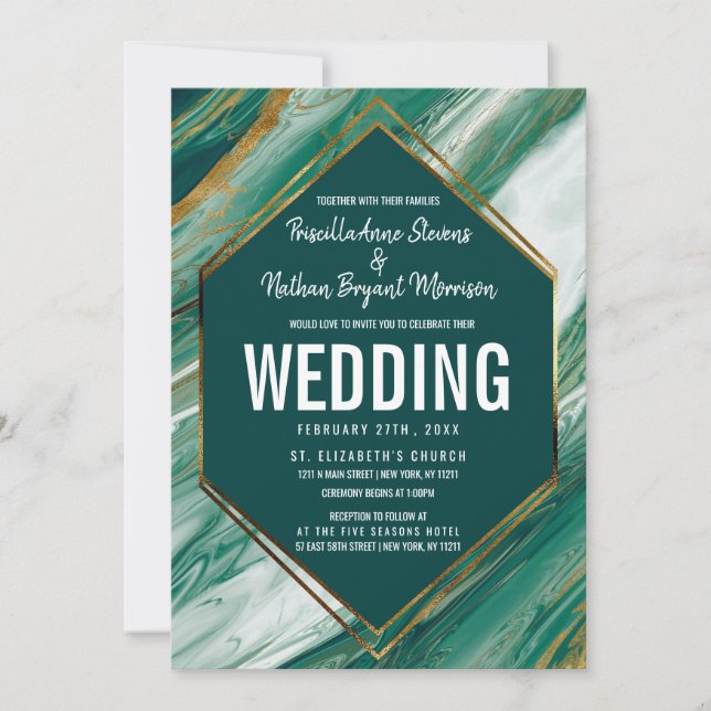 Invitation Mariage en marbre marbré Abstrait Emerald Green Go (Devant)