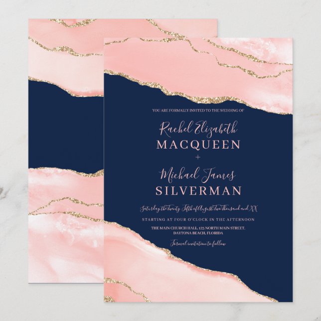 Invitation Mariage en marbre marbré bleu bleu bleu rose or (Devant / Derrière)