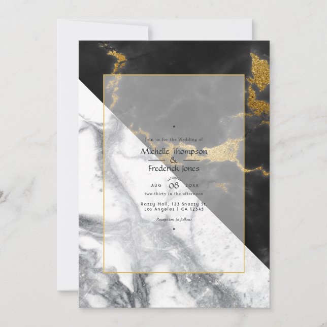 Invitation Mariage en marbre noir et or (Devant)
