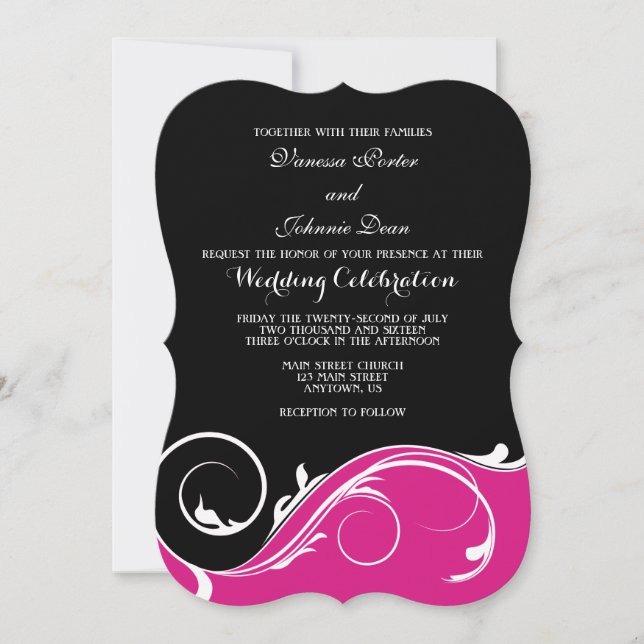 Invitation Mariage en rack rose chaud noir bracelet invite (Devant)