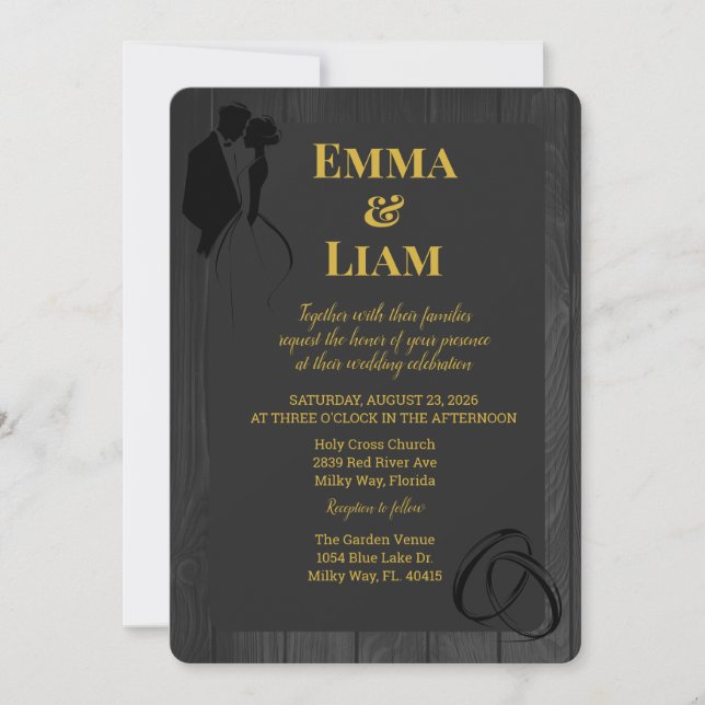 Invitation Mariage en silhouette rustique en or noir (Devant)
