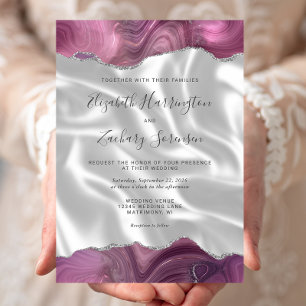 Invitation Mariage en Soie Blanche Agate Argent Mauve