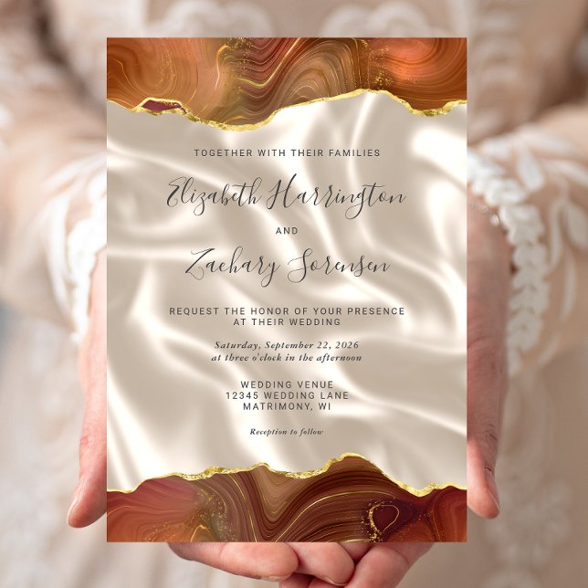 Invitation Mariage en Soie Ivoire Agate Or Orange Brûlé (Créateur téléchargé)