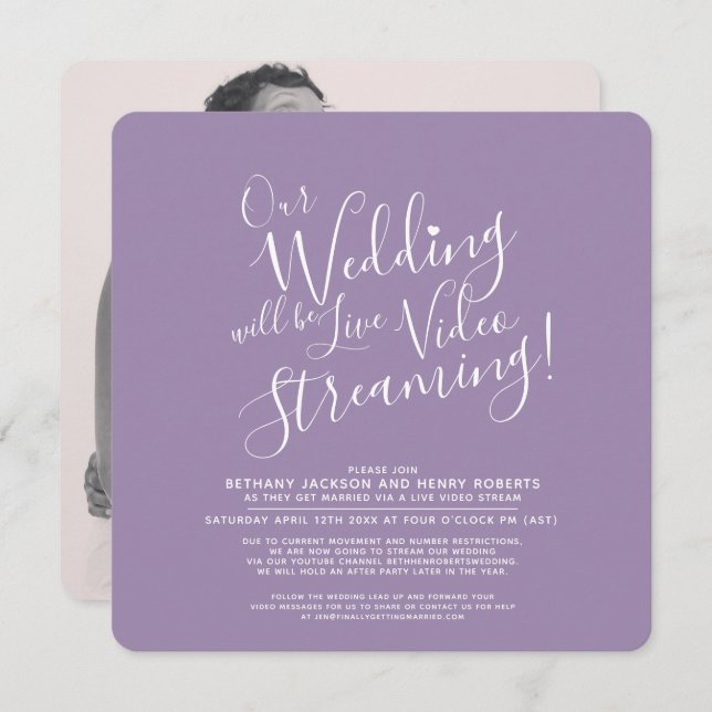 Invitation Mariage en streaming violet blanc (Devant / Derrière)