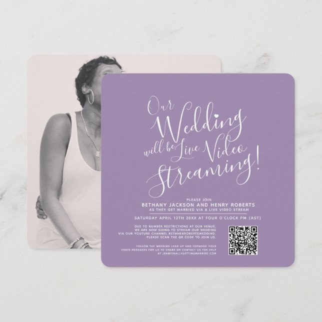 Invitation Mariage en streaming violet blanc (Devant / Derrière)