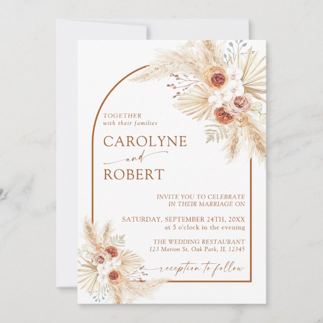 Invitation Mariage en terre cuite moderne Bohème Pampas (Devant)