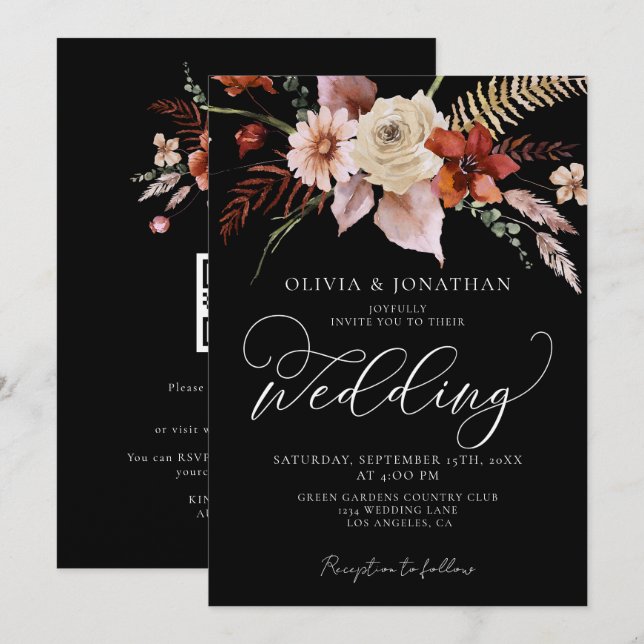 Invitation Mariage en terre cuite noire foncée Moody Fall (Devant / Derrière)