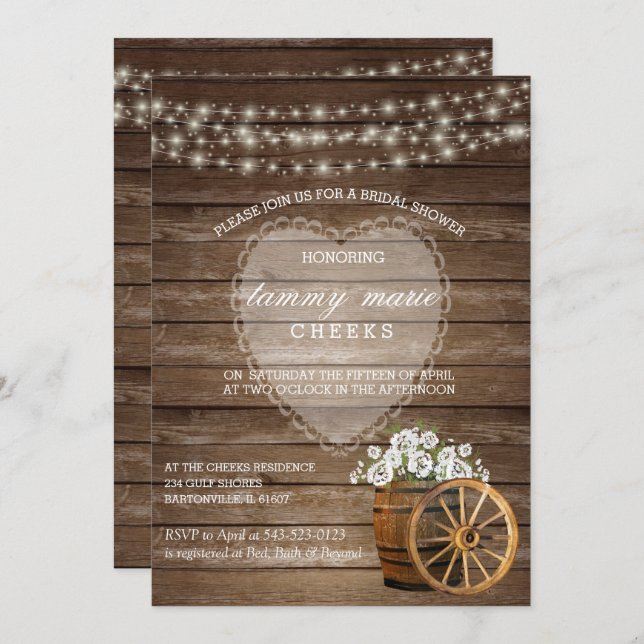 Invitation Mariage en tonneau rustique en bois avec fleurs bl (Devant / Derrière)