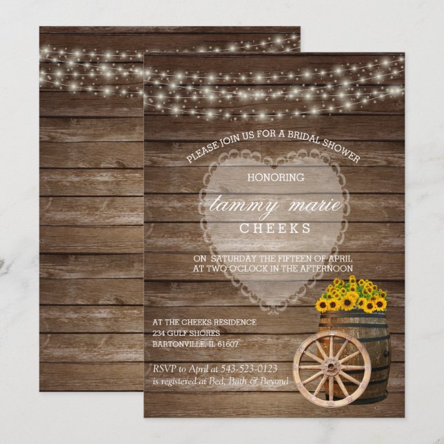 Invitation Mariage en tonneau rustique en bois avec tournesol (Devant / Derrière)