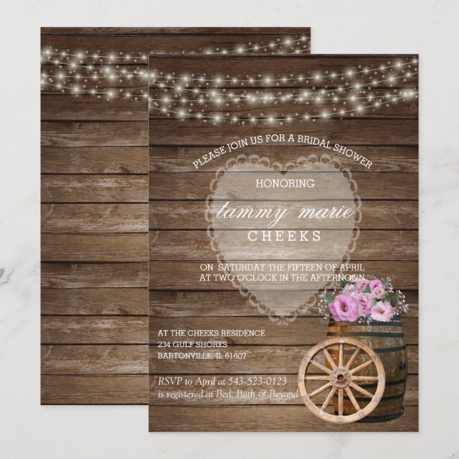 Invitation Mariage en tonneau rustique et fleurs roses (Devant / Derrière)