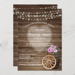 Invitation Mariage en tonneau rustique et fleurs roses