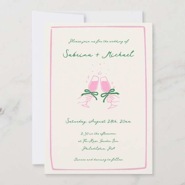 Invitation Mariage en verre blanc vert et rose main (Devant)