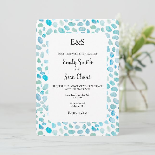 Invitation Mariage en verre de mer Monogramme Bleu Stripe Inv (Debout devant)